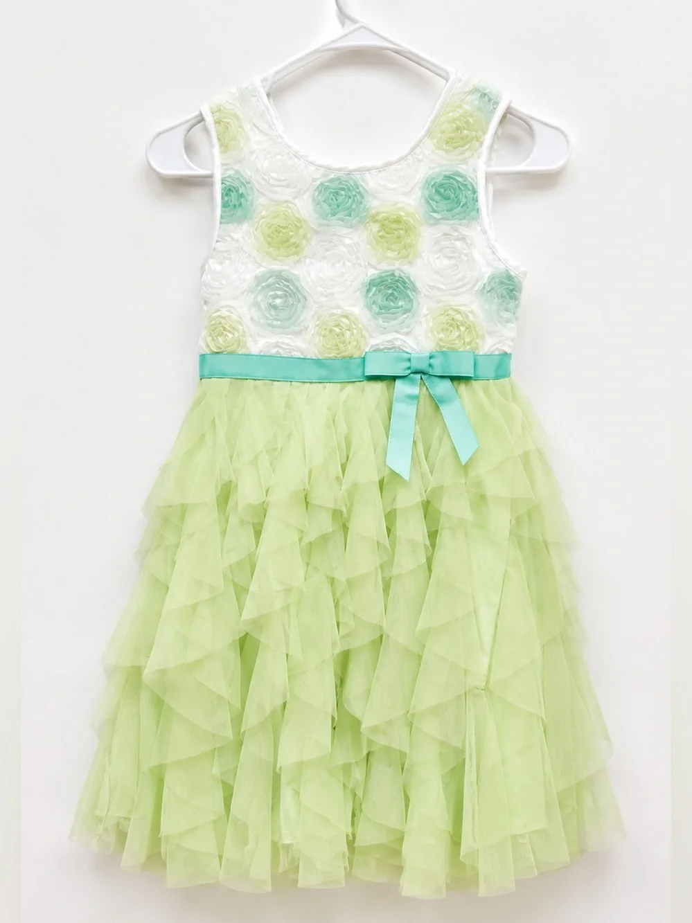 Jona Michelle Girls Green Ruffle Party Dress Size 7 Floral Rosette Tulle Easter